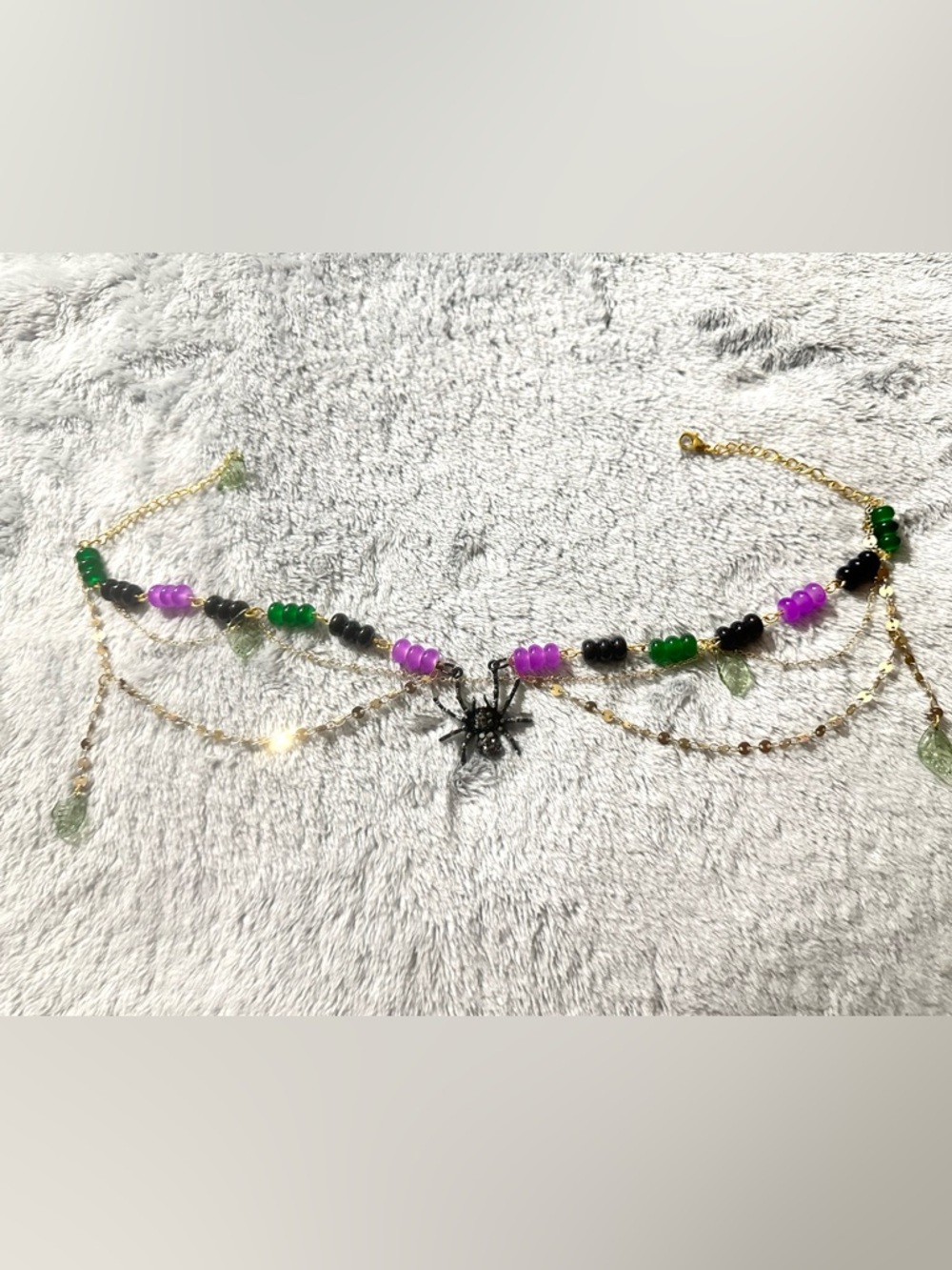 Gold Chain necklace with Purple Green and Black Beads and Spider Charm